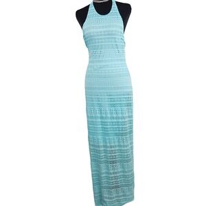 Womens Aqua Blue Crochet Lace Halter Neck Maxi Gown Dress Size 6